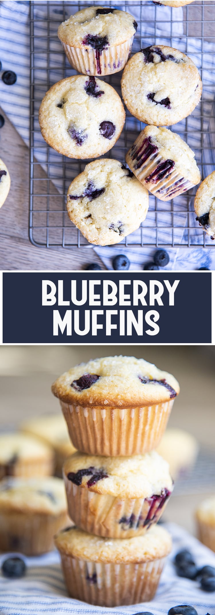 2 image collage of blueberry muffins with one close up shot of a muffin and title card that reads blueberry muffins.