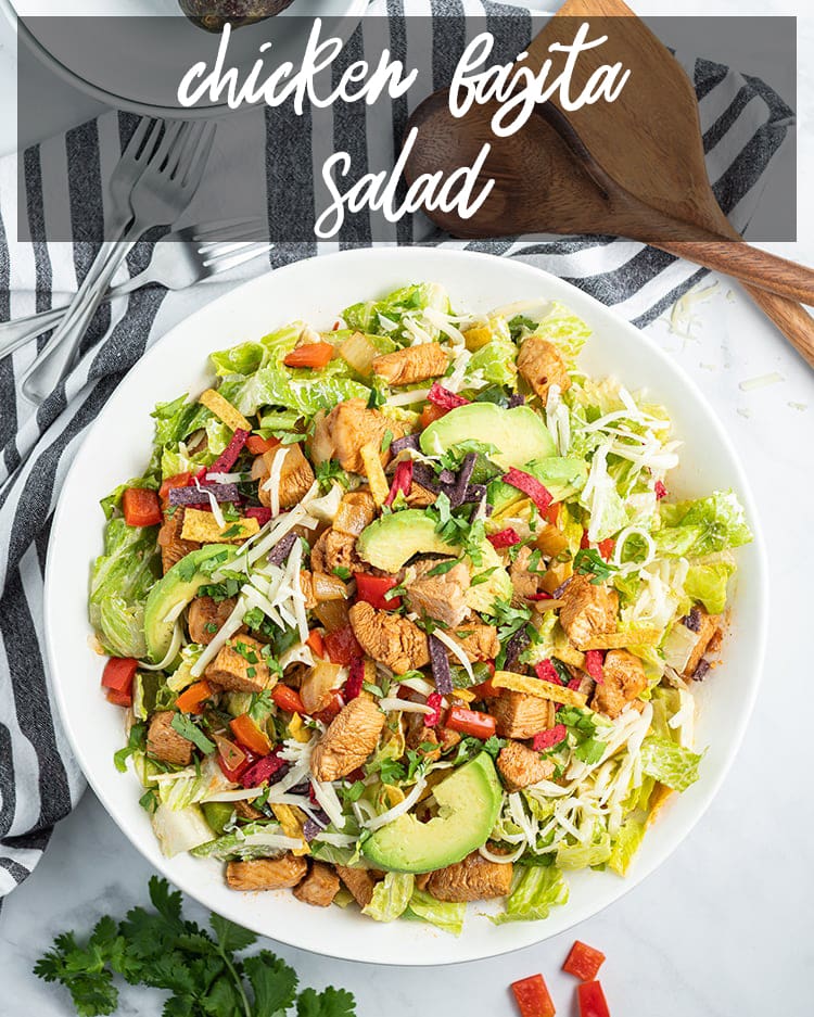 This chicken fajita salad is packed full of marinated chicken and vegetables, with your favorite toppings like cheese, avocado, and more.