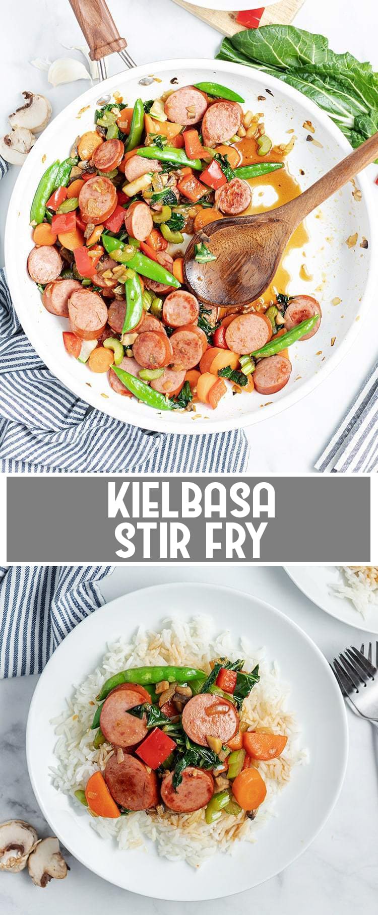 2 image collage of polska kielbasa stir fry in a plate and with rice with a title card between them.