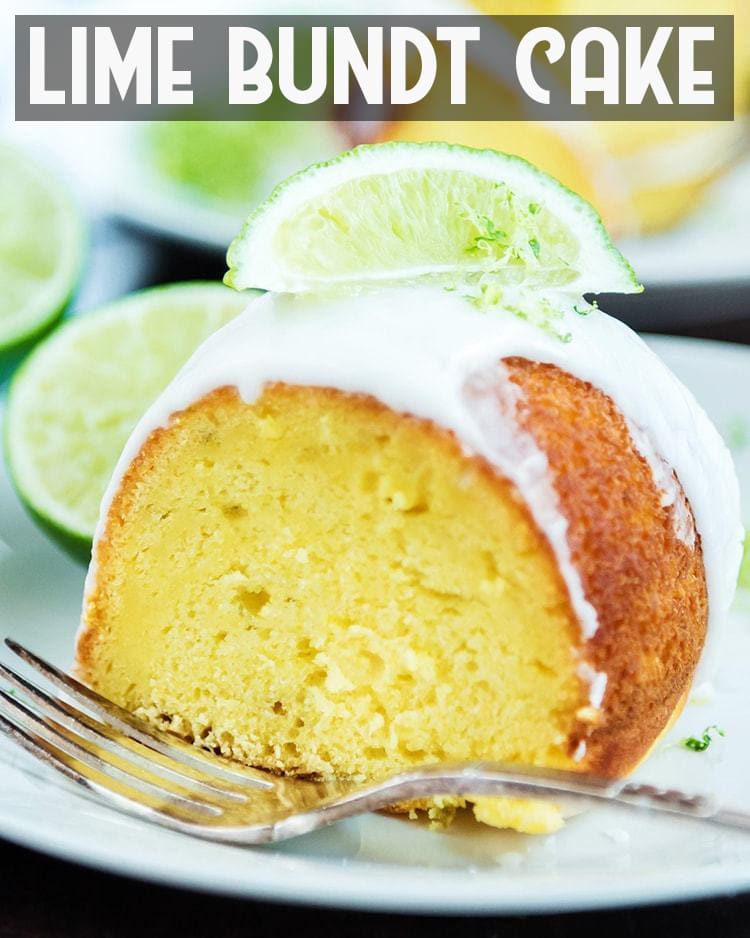 Side close up image of a slice of lime bundt cake with frosting on top and lime wedge with title card.