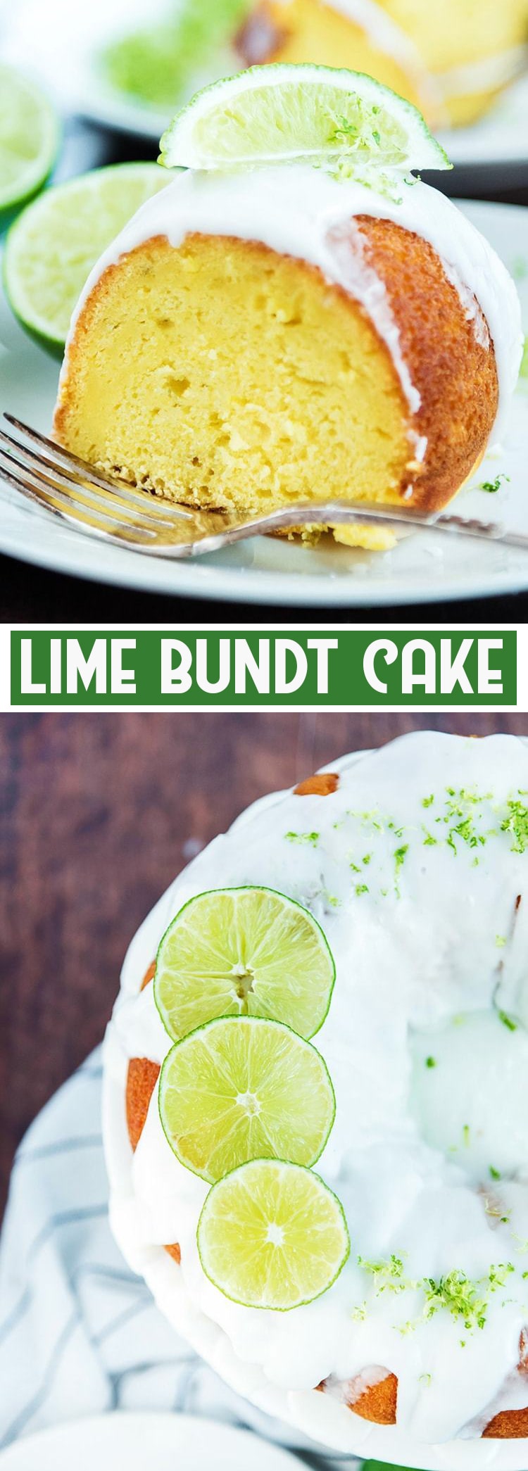 2 image collage of lime bundt cake with frosting on top and lime wedge with title card.