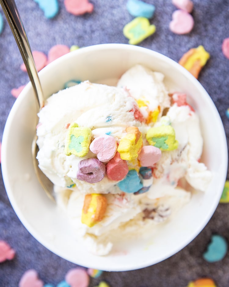 This lucky charms cereal milk ice cream is made with a cereal milk flavored ice cream packed full of lucky charms marshmallows in every bite.