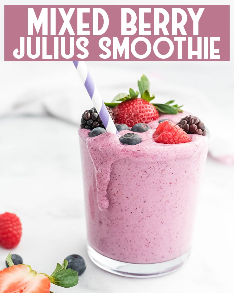 Close up image a glass filled with mixed berry julius topped with berries and a title card.