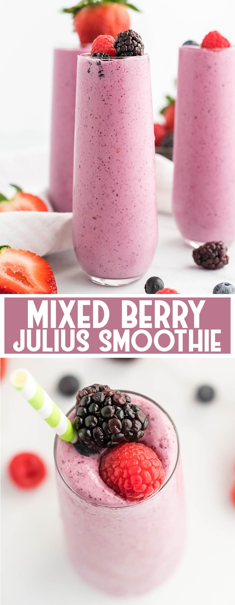 2 image collage of glasses filled with mixed berry julius topped with berries and title card.