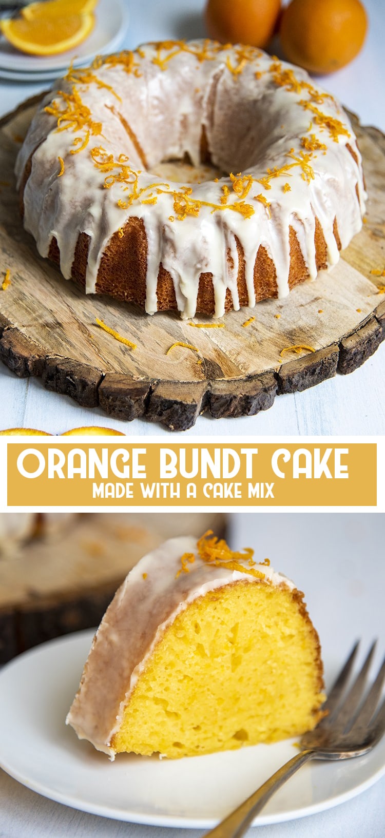 Collage of 2 photos of orange bundt cake made with cake mix with title card of same wording.
