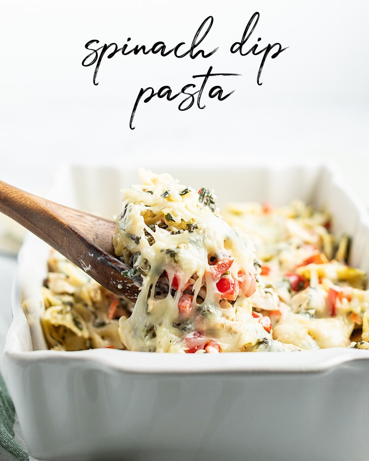 This spinach dip pasta takes a popular party dip, and turns it into a delicious dinner with noodles, chicken and cheese!