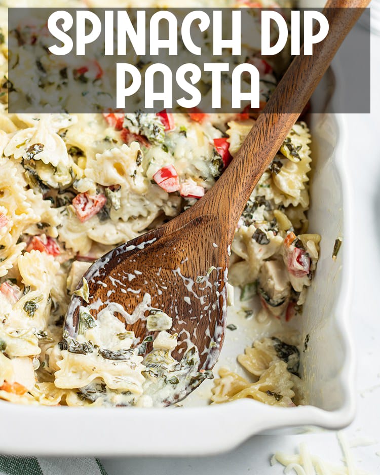 This spinach dip pasta takes a popular party dip, and turns it into a delicious dinner with noodles, chicken and cheese!