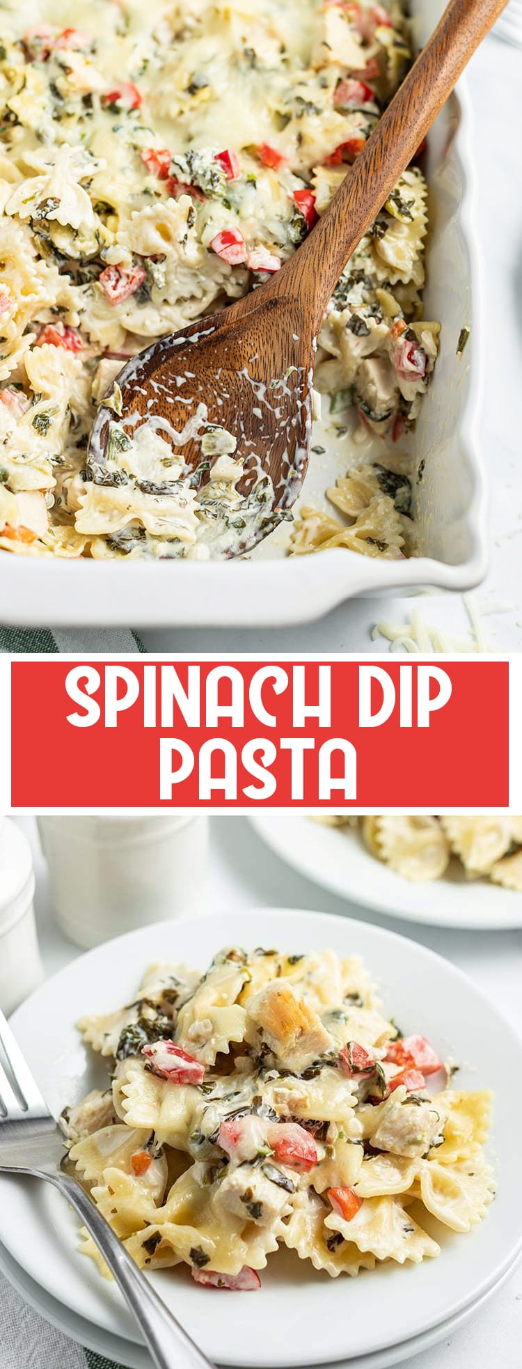 This spinach dip pasta takes a popular party dip, and turns it into a delicious dinner with noodles, chicken and cheese!