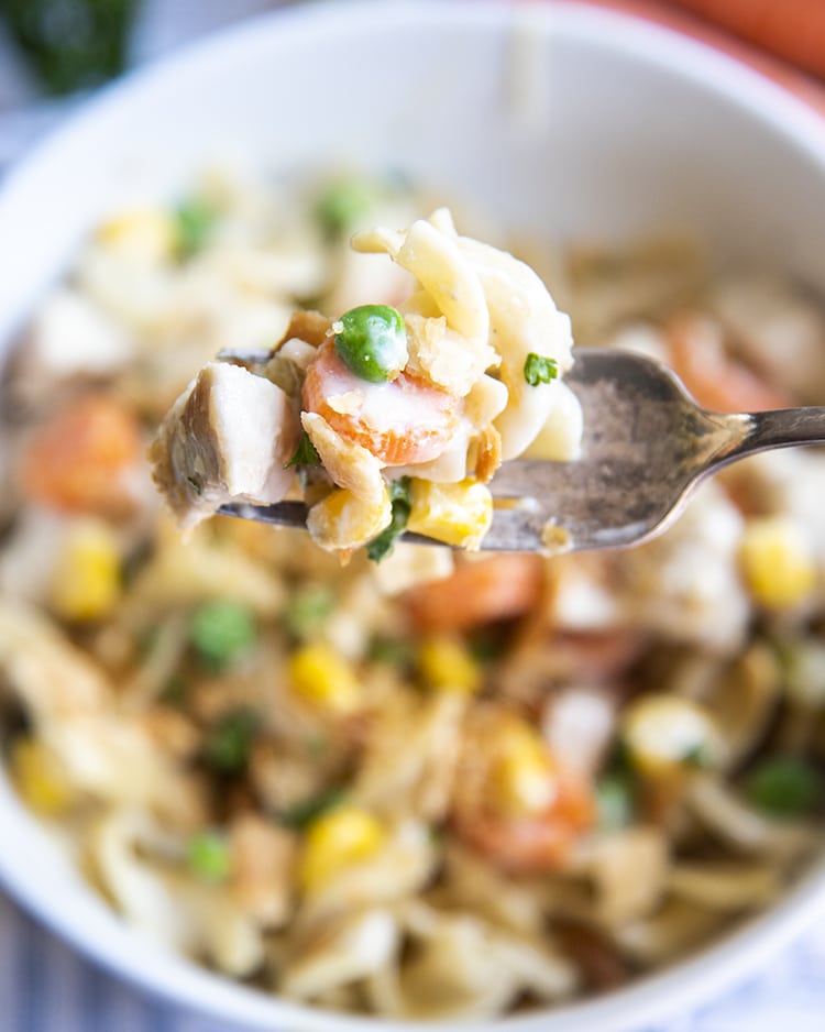 A bowl of chicken pot pie pasta is a perfect hearty, filling, and delicious meal