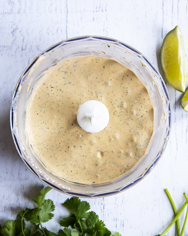 Chipotle ranch dressing blended up in a food processor 