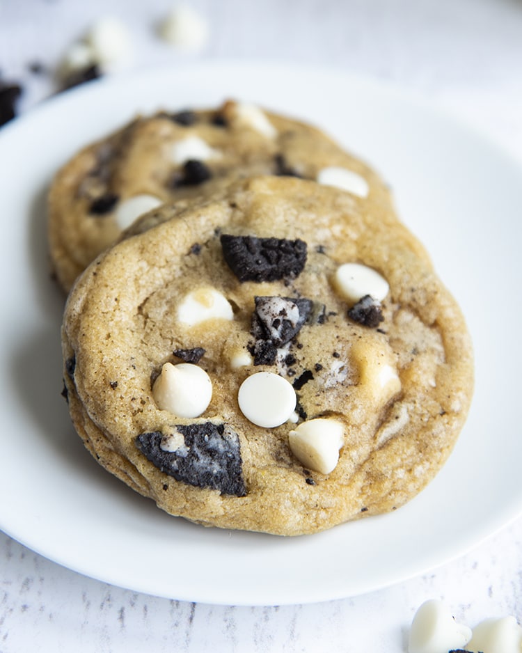Cookies and cream cookies with white chocolate chips and oreo pieces