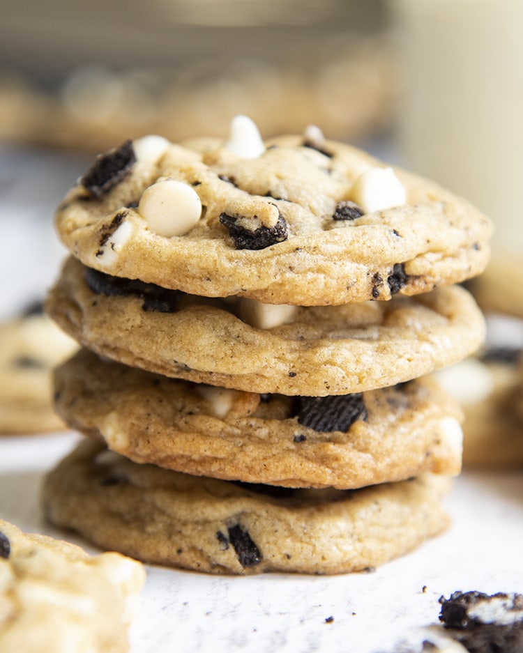 A stack of cookies and cream chocolate chip cookies