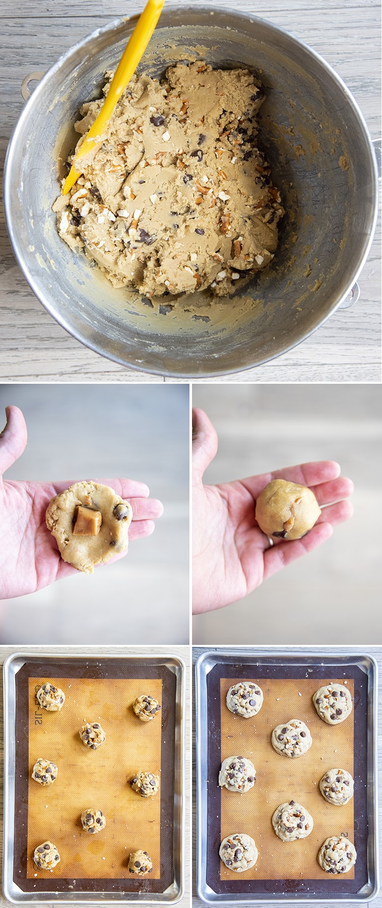 A cookie dough ball with caramel rolled in the middle