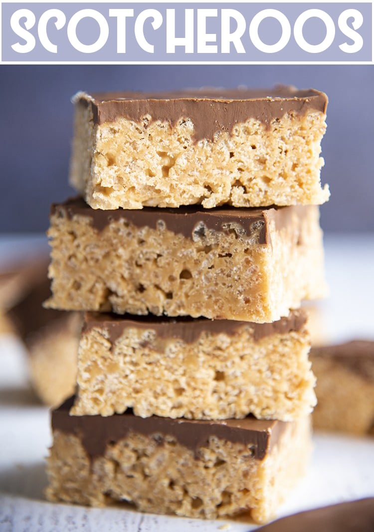 Scotcheroos are the perfect gooey and chewy no bake treat bar! With a peanut butter rice crispy treat topped with butterscotch and chocolate!