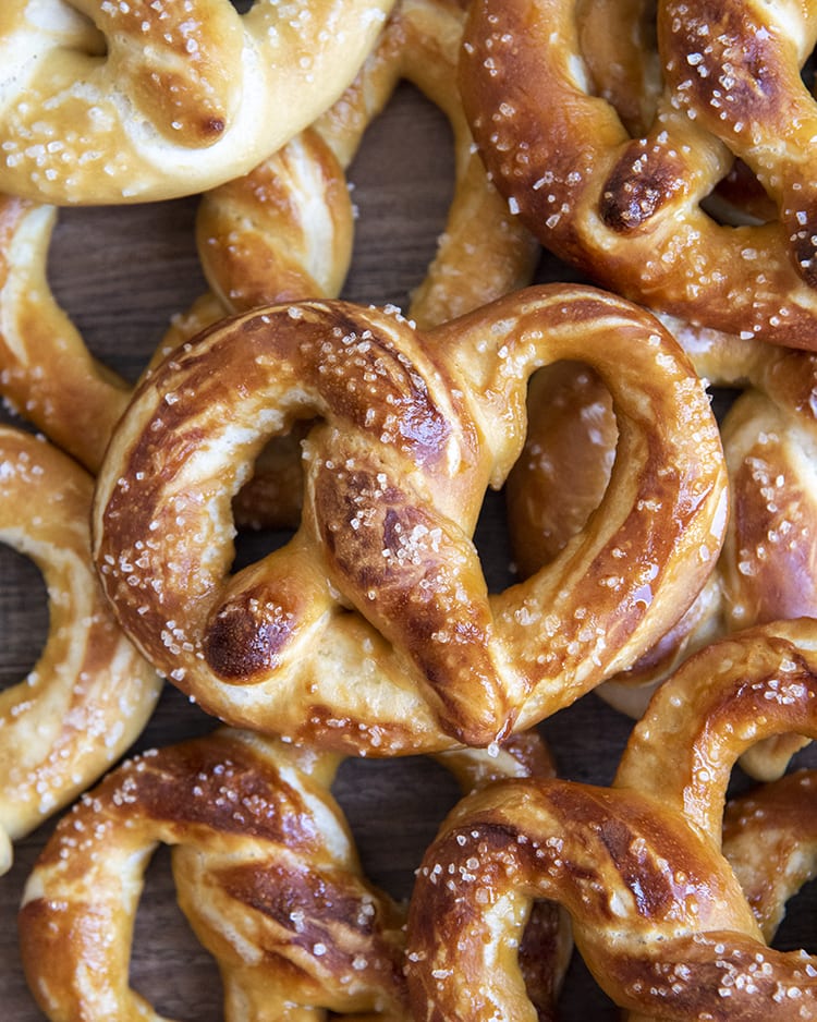 A pile of homemade soft pretzels