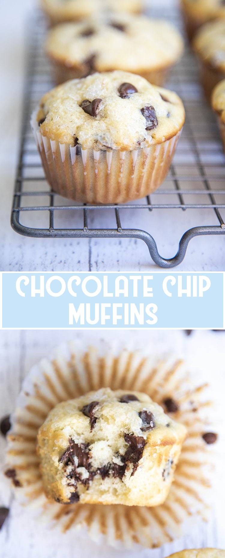 2 image collage of chocolate chip muffins with text overlay of same description.
