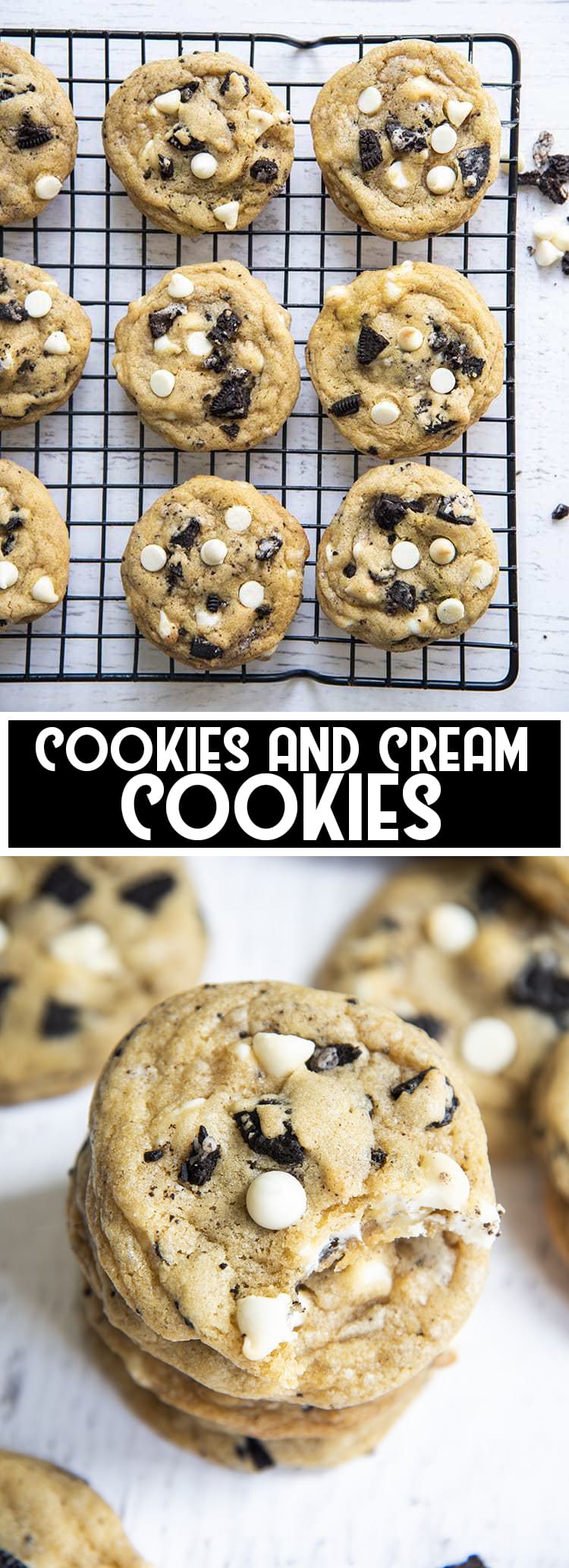2 image collage of cookies and cream cookies with text overlay that reads cookies and cream cookies.