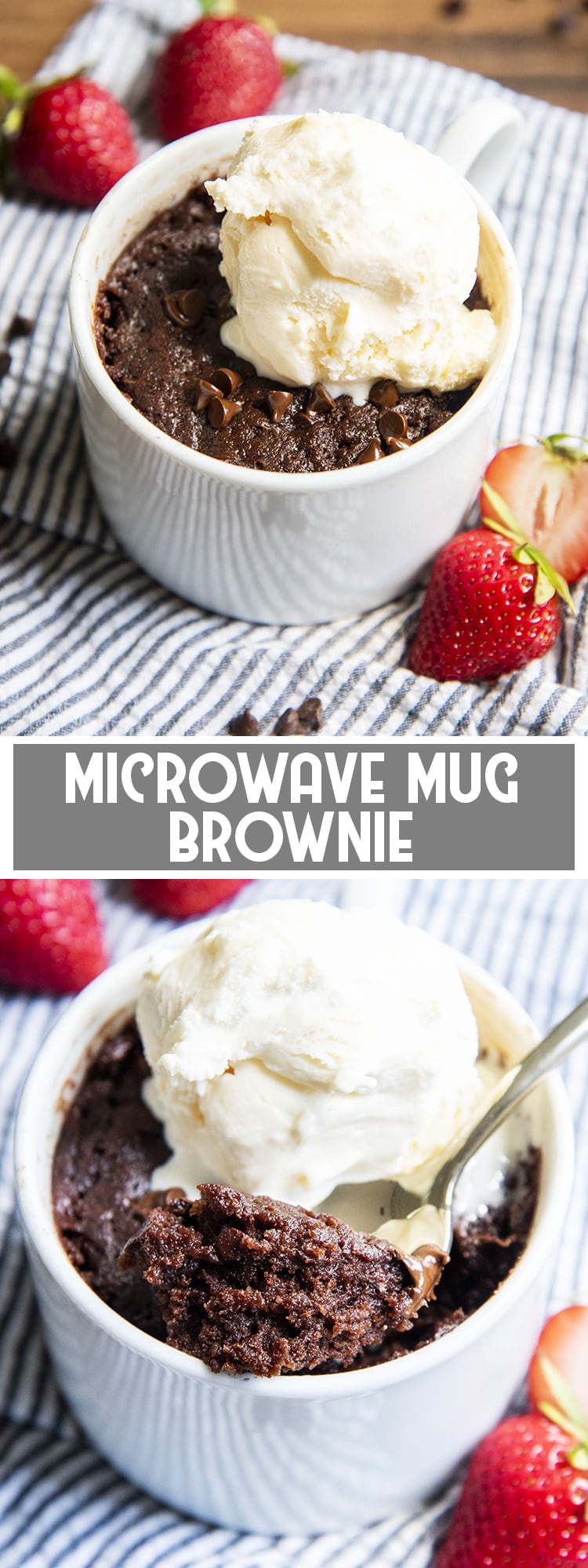 Chocolate Mug Brownie with Vanilla Ice cream on top with text overlay for pinterest