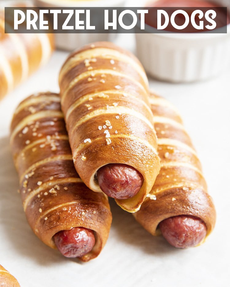 Pretzel hot dogs in a stack with text overlay for pinterest