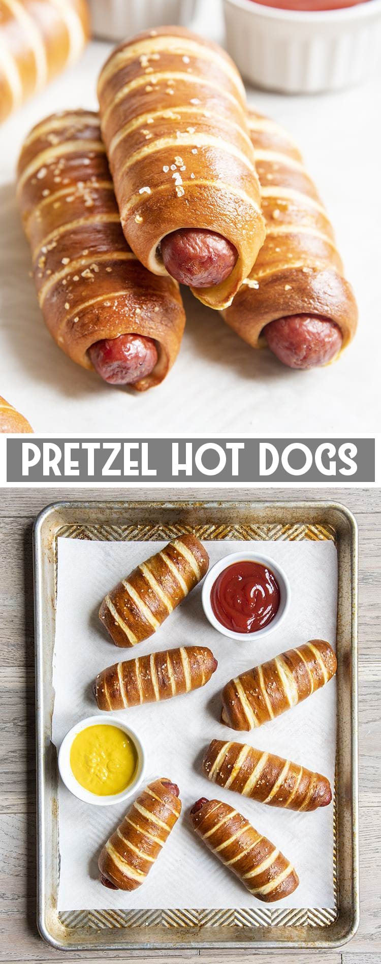 Hot dogs wrapped in pretzel bread on a tray with text overlay for pinterest