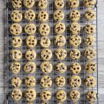 Miniature chocolate chip cookies on a metal cooling rack