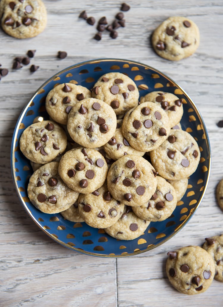 A blue plate full of mini chocolate chip cookies