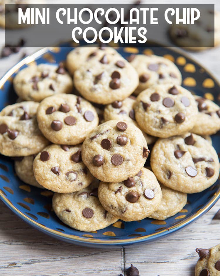 Mini Chocolate Chip Cookies on a plate with text overlay for pinterest