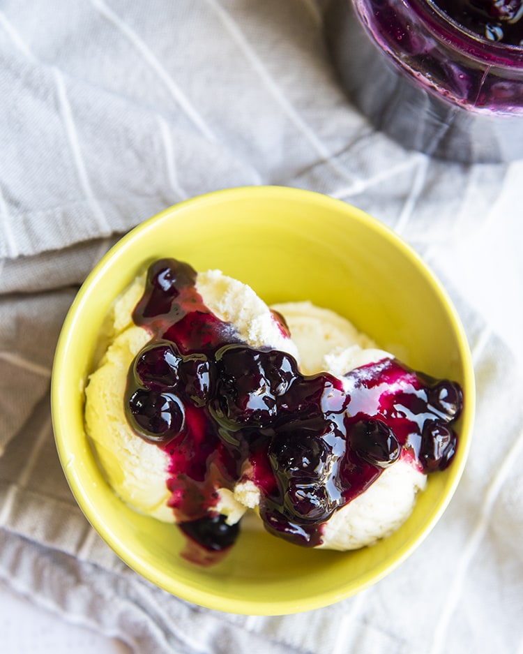 Blueberry Sauce on top of vanilla ice cream in a green vowl