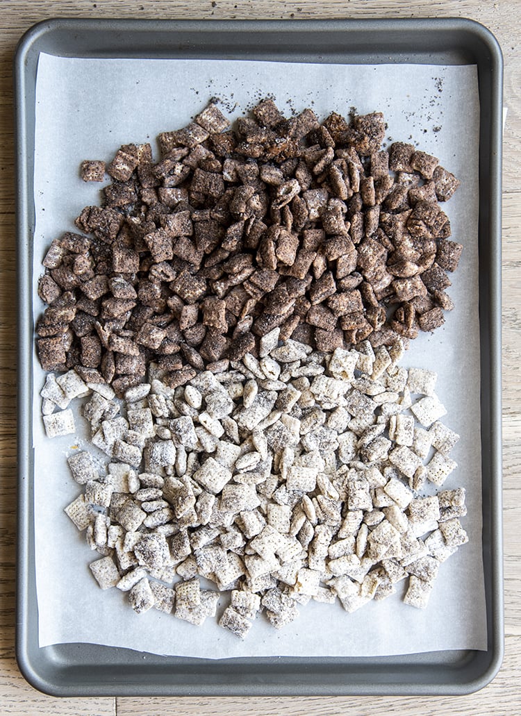 Chocolate and White Chocolate Muddy Buddies on a baking pan