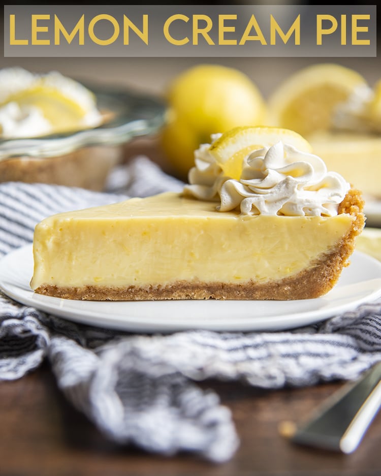 Lemon CreaA side view of lemon cream pie with graham cracker crust and whipped cream on top with text overlay for pinterest