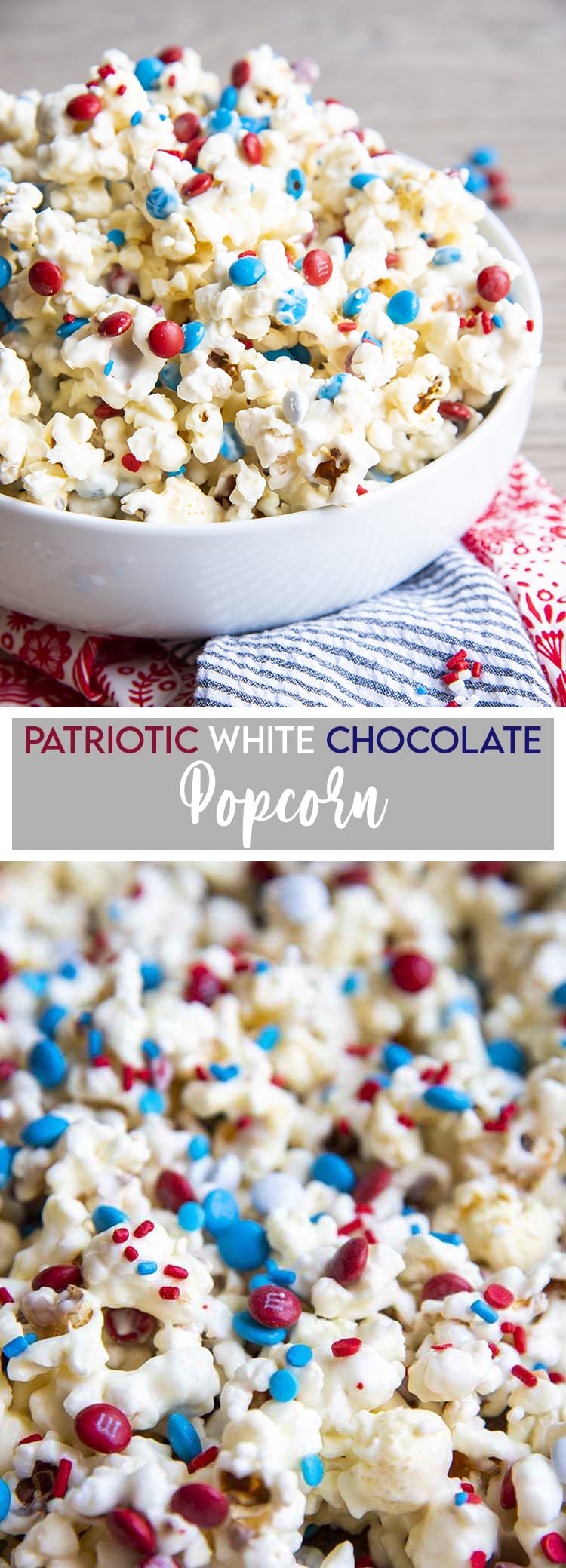 White Chocolate Popcorn with red and blue m&ms with text overlay for pinterest