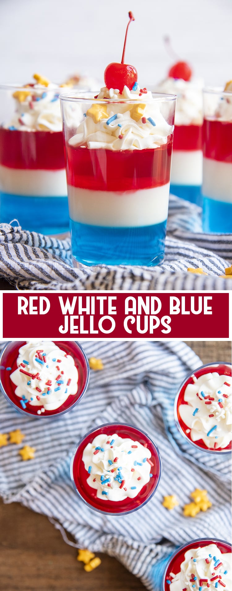 Layers of Red White and Blue Jello in a cup with whipped cream and a cherry on top with text overlay for pinterest