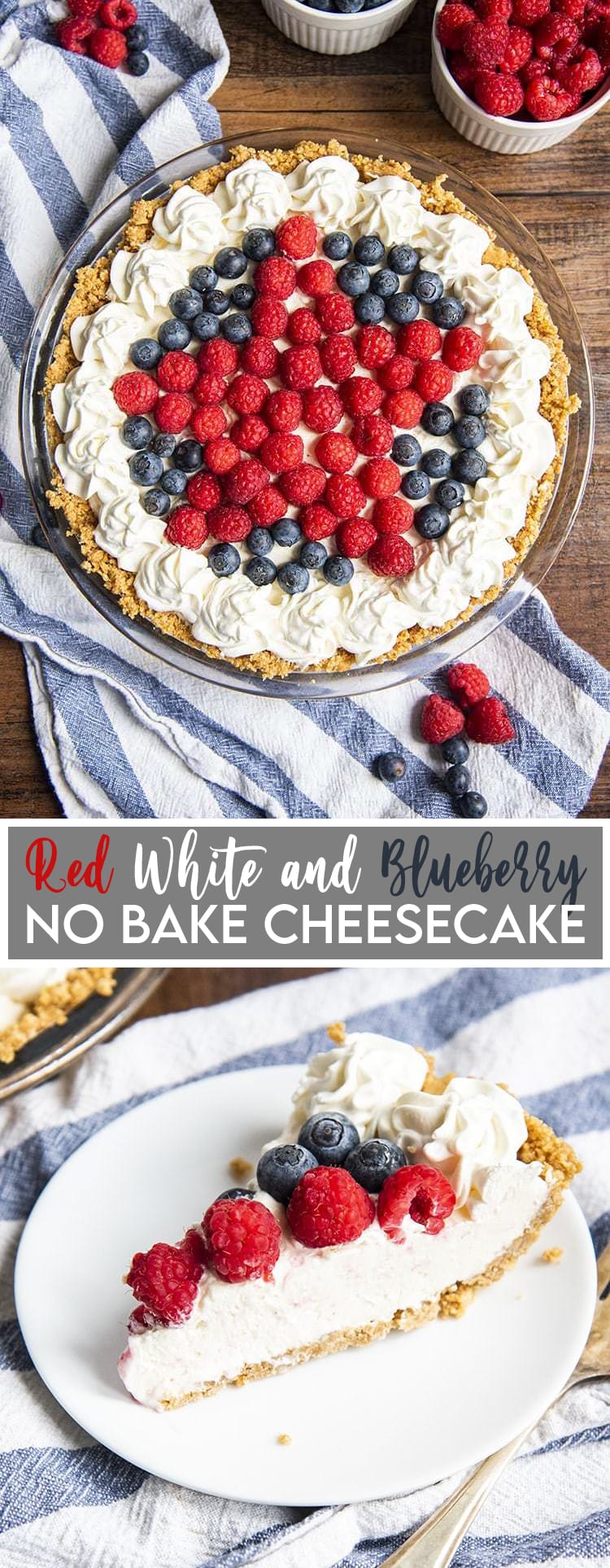 Red White and Blueberry Cheesecake with a raspberry star on top and text overlay for pinterest