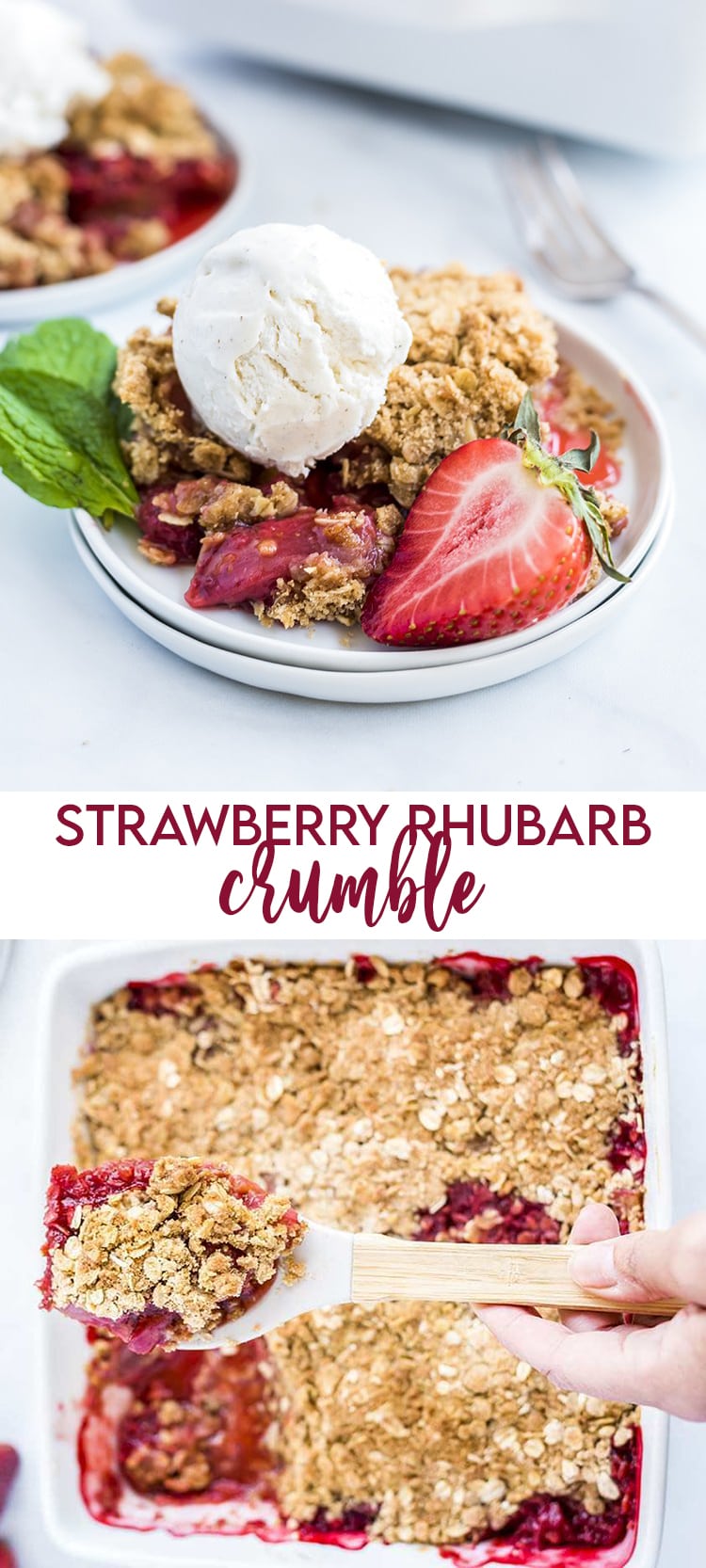 Strawberry Rhubarb Crumble topped with ice cream with text overlay for pinterest