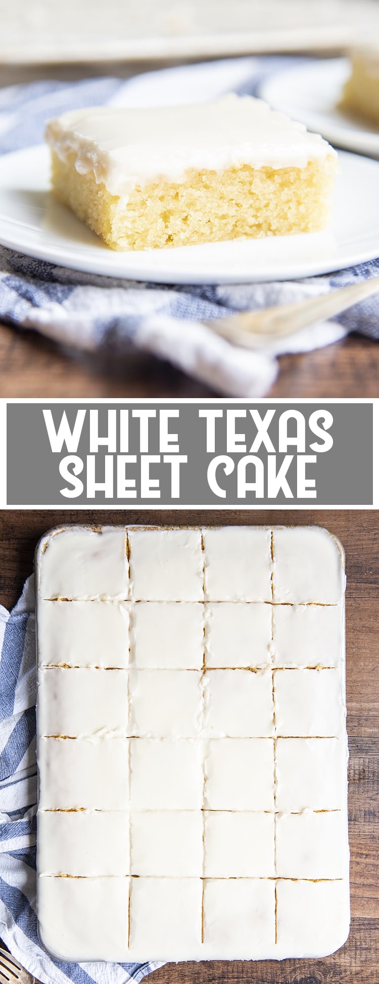 White Sheet Cake with vanilla icing on a plate with text overlay saying white texas sheet cake for pinterest