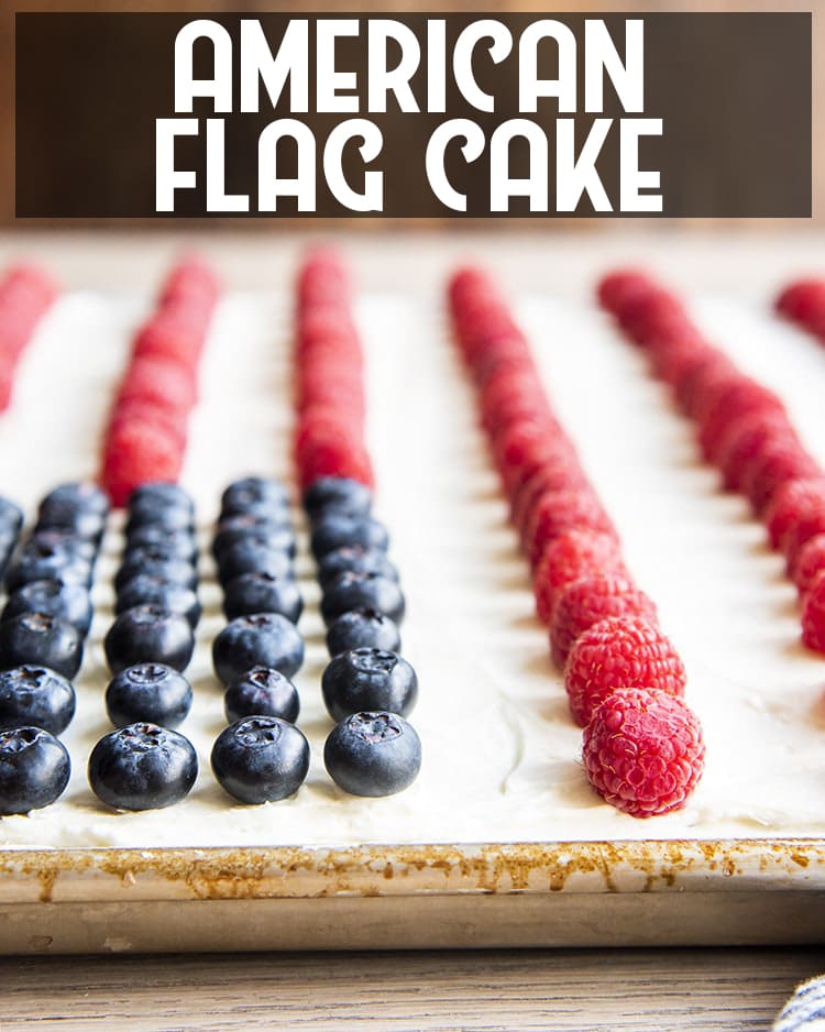 White Sheet Cake decorated with blueberries and raspberriesto look like the American flag