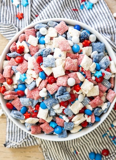 Red, White and Blue Muddy Buddies in a big white bowl.