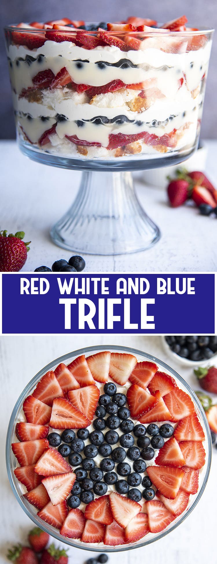 Red white and blue trifle 2 image collage showing finished recipe with text title of same description