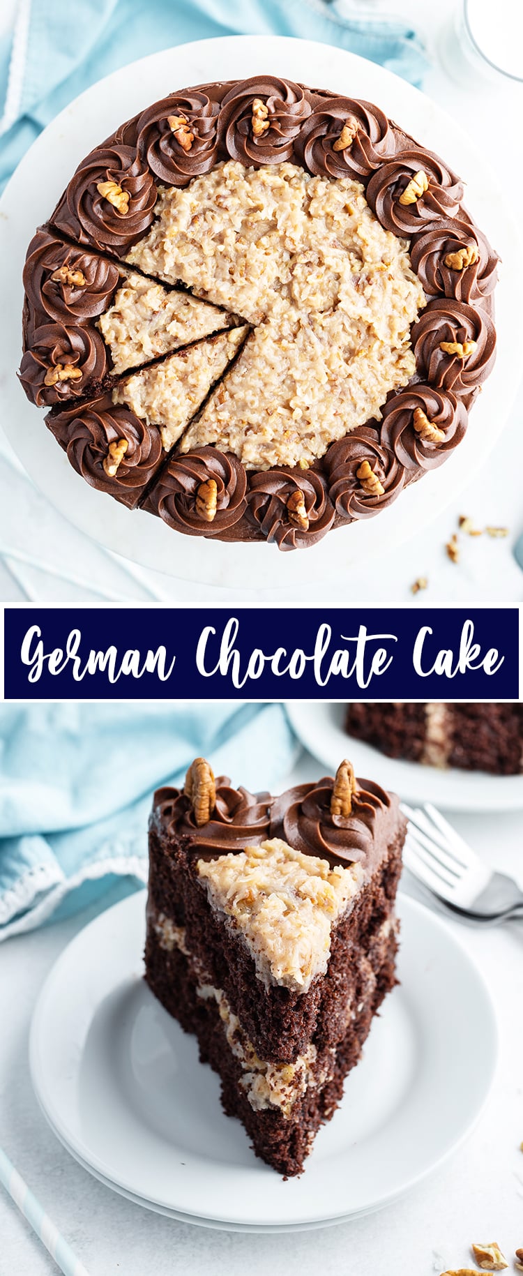 A collage of two photos of German Chocolate Cake with text title of german chocolate cake.
