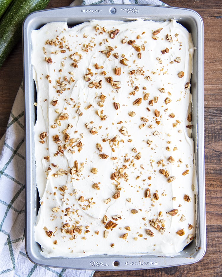 Zucchini Cake with Cream Cheese Frosting in a 9x13 pan.