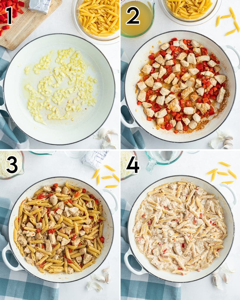 A collage of 4 photos showing how to make one pot cheesy chicken pasta.