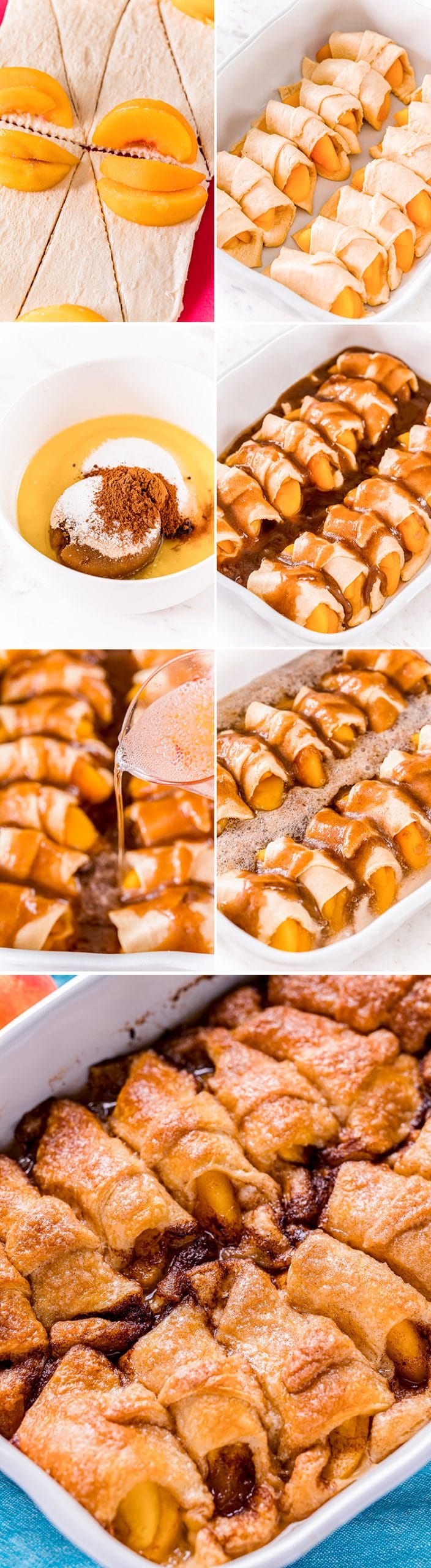 Step by step photo collages on how to make peach dumplings