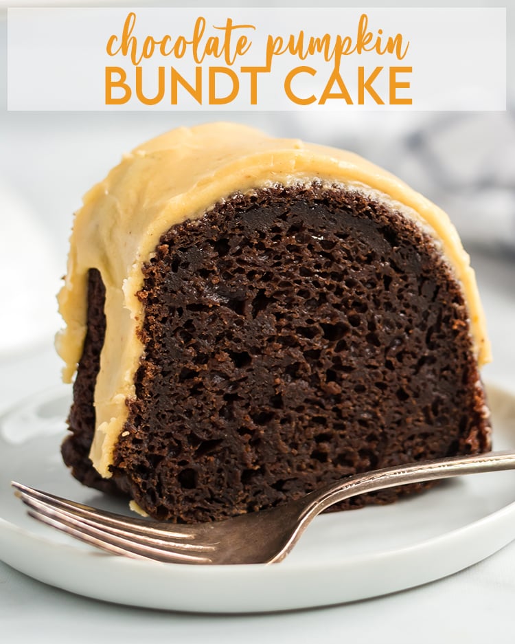 Chocolate pumpkin Bundt Cake with orange text overlay for pinterest