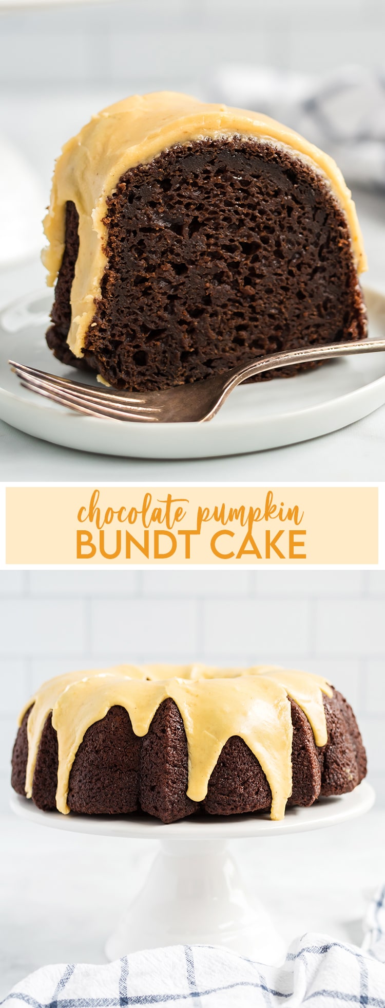 Collage of two photos of Chocolate Pumpkin Bundt Cake with text overlay in the middle.