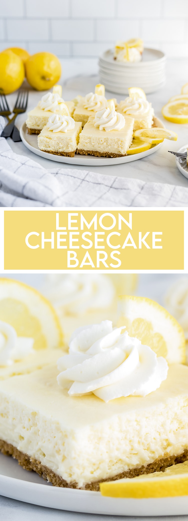 Lemon Cheesecake Bars on a white plate with text overlay for pinterest