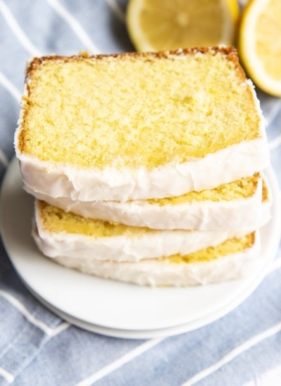 A stack of lemon pound cake slices on top of each other.