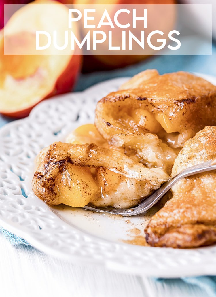 Peach dumplings with text overlay for pinterest