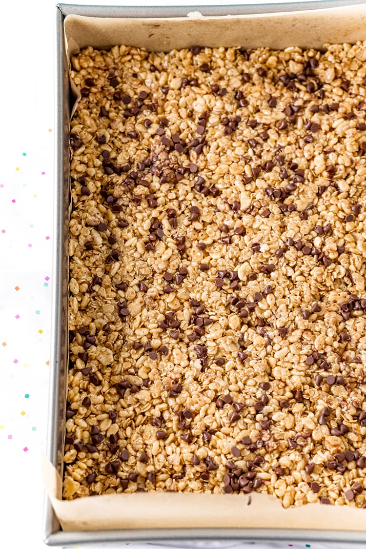 A pan of peanut butter chocolate chip granola bars