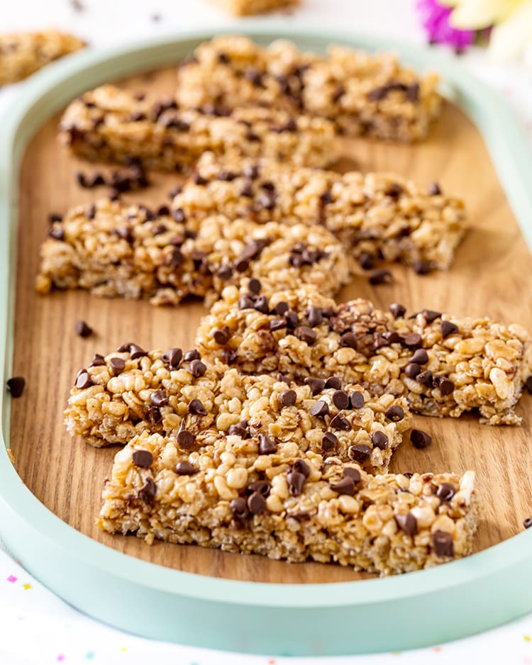 Chocolate Chip Granola Bars layed out on a wooden board