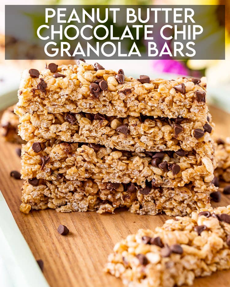 A stack of peanut butter chocolate chip granola bars with text overlay for pinterest.